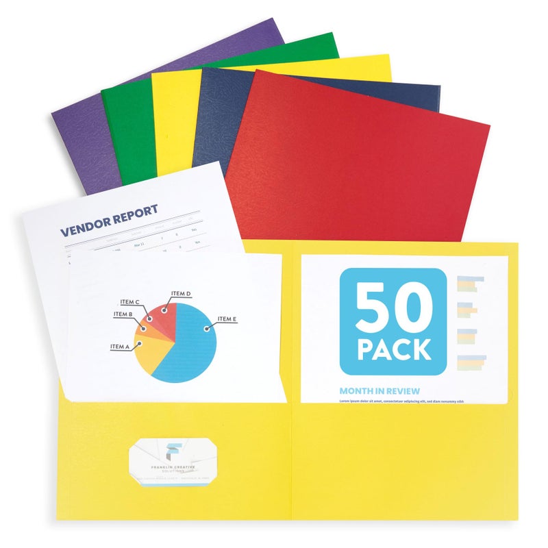 Blue Summit Supplies 50 Paper Two Pocket Folders Bulk, Designed for Office and Classroom Use, Assorted 5 Colors, 50 Pack Colored 2 Pocket Folders Bulk - Image 1